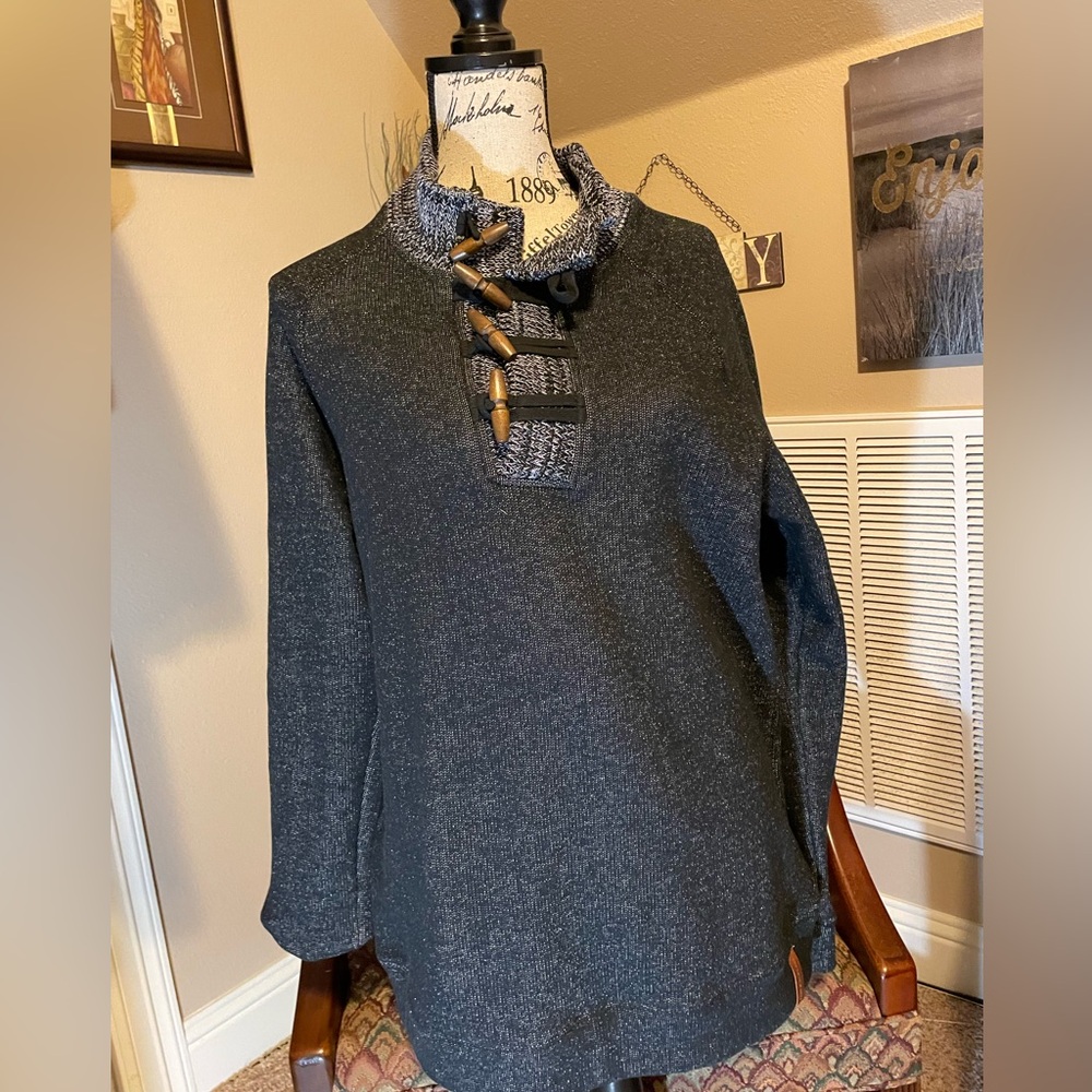 MAKERS SWEATER JACKET L OPEN 4 wooden BUTTON High Neck Blk & Grey size:L UNISEX